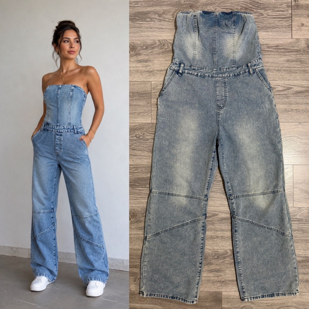 Strapless Wide Leg Denim Jumpsuit Size L‎ Light Wash Blue Seam Detail Y2K Romper